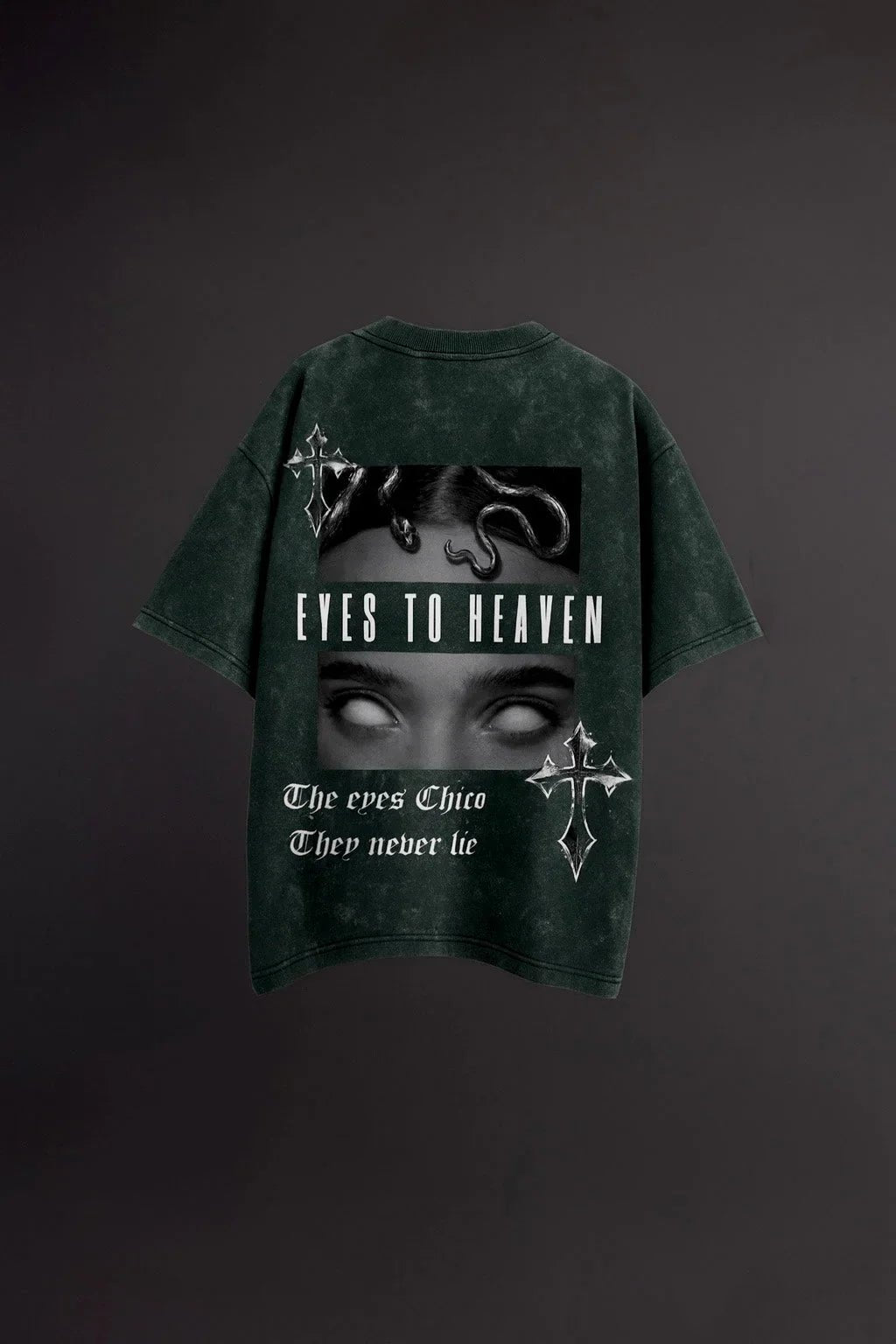 Oversized acid wash streetwear tee with gothic graphics, serpent, and 'Eyes to Heaven' text