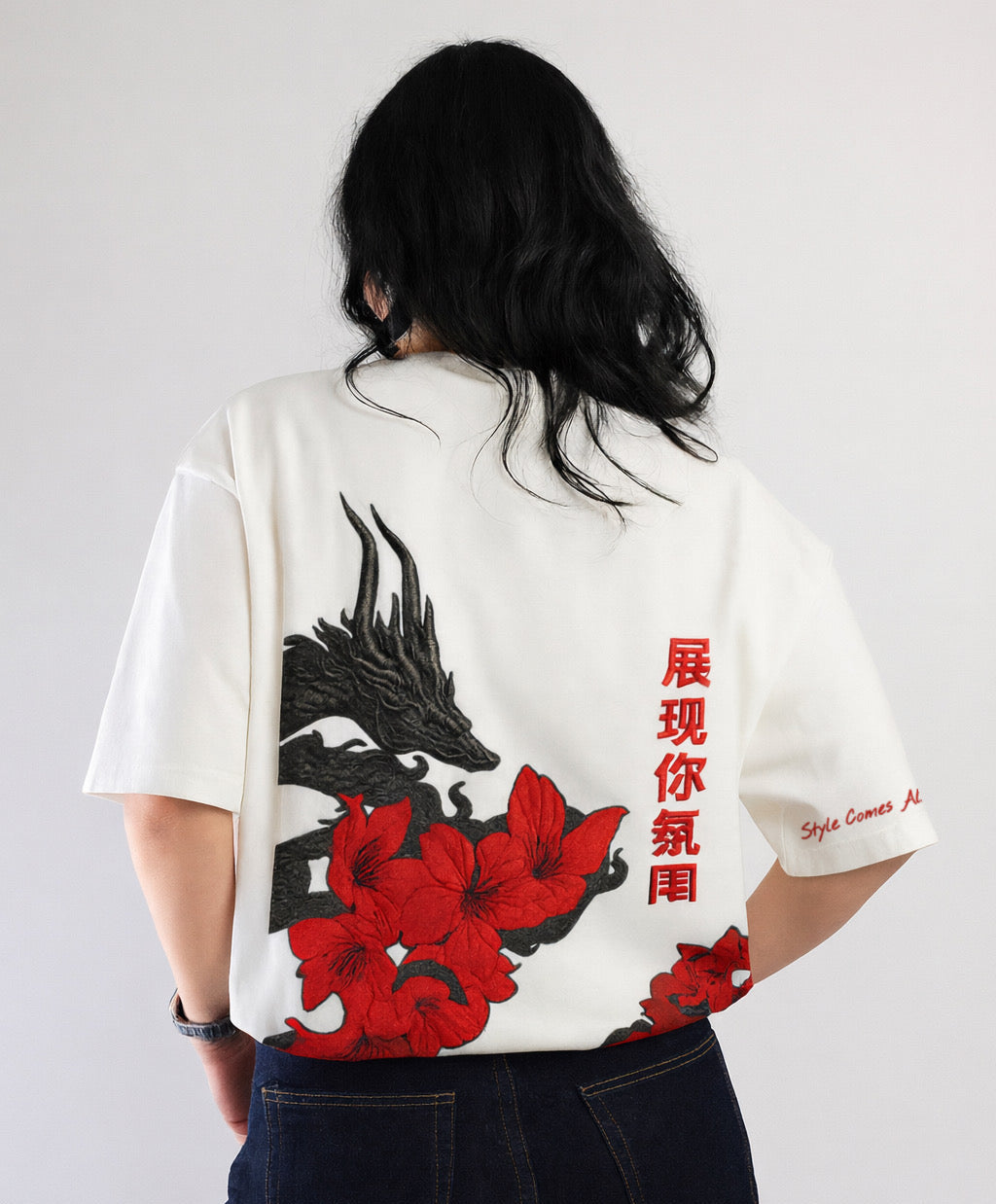 Crimson Dragon Blooms Oversized Tee | Gothic Streetwear T-Shirt