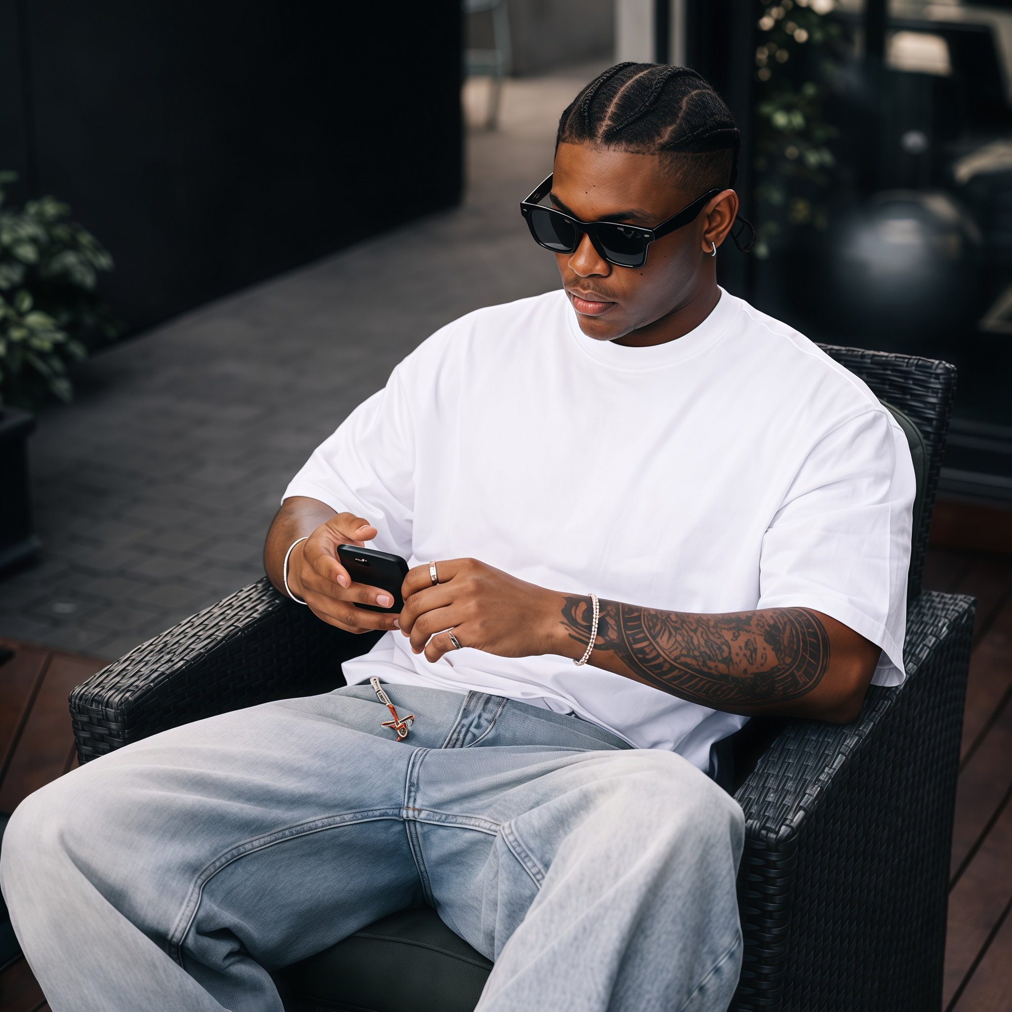 Man sitting on a chair using a phone, wearing sunglasses and casual clothing.