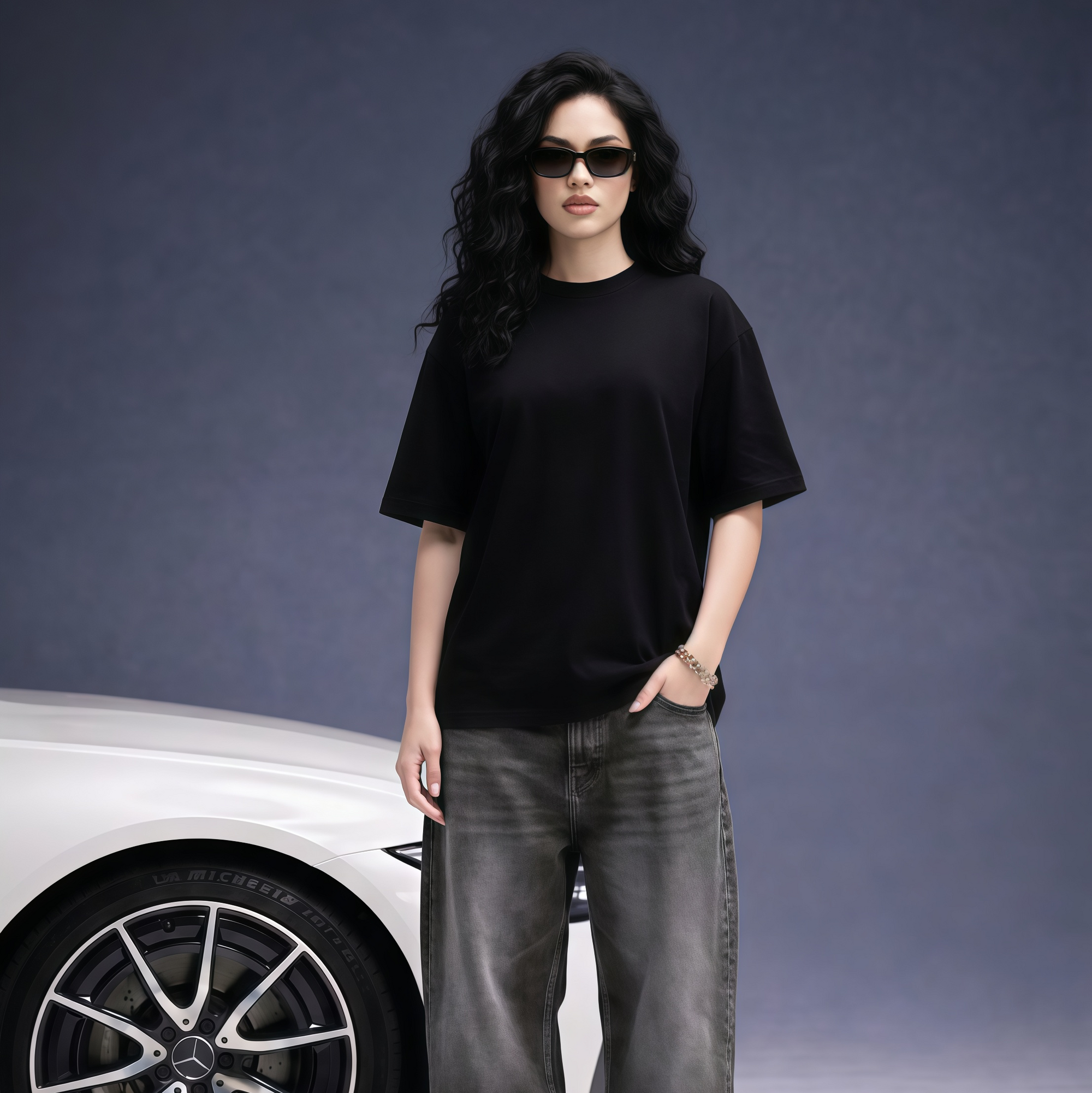 Person wearing a black t-shirt and gray jeans standing next to a car on a gray background