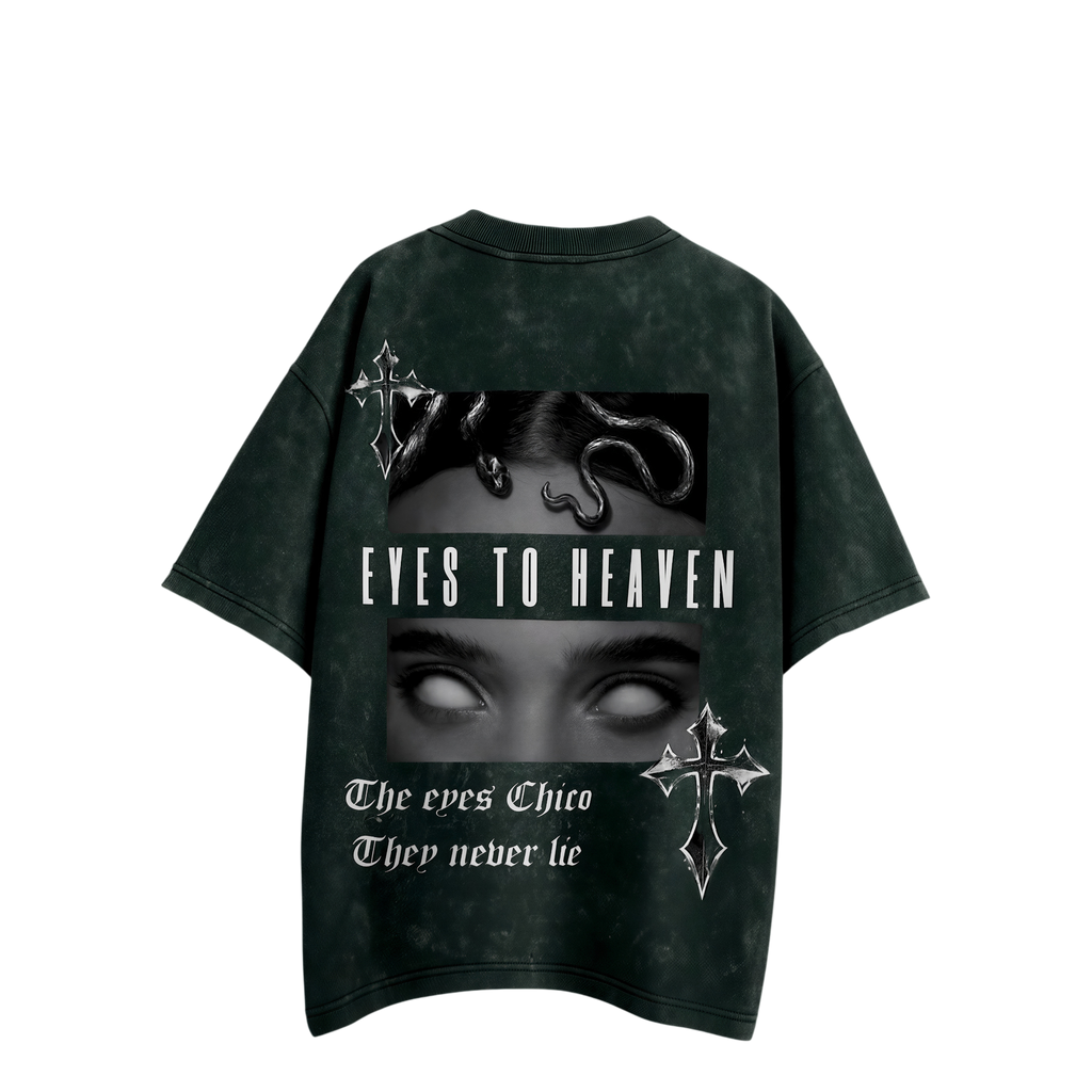 Elysian Eyes Acid Wash Oversized T-Shirt Bottle Green | Unisex Gothic Streetwear