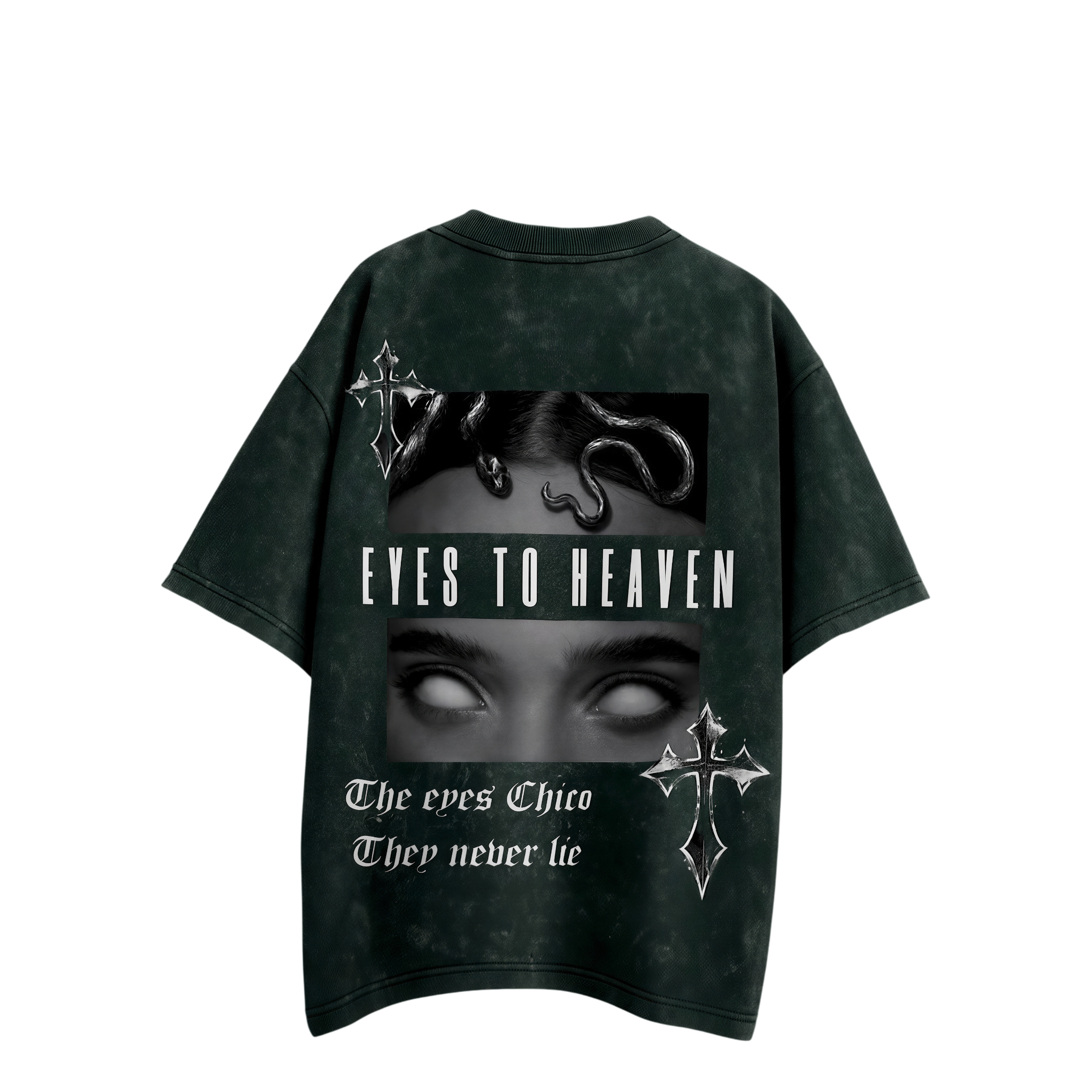 Elysian Eyes Acid Wash Oversized T-Shirt Bottle Green | Unisex Gothic Streetwear