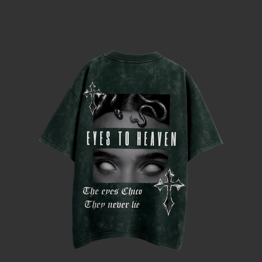 Green t-shirt with graphic design and text on a dark background