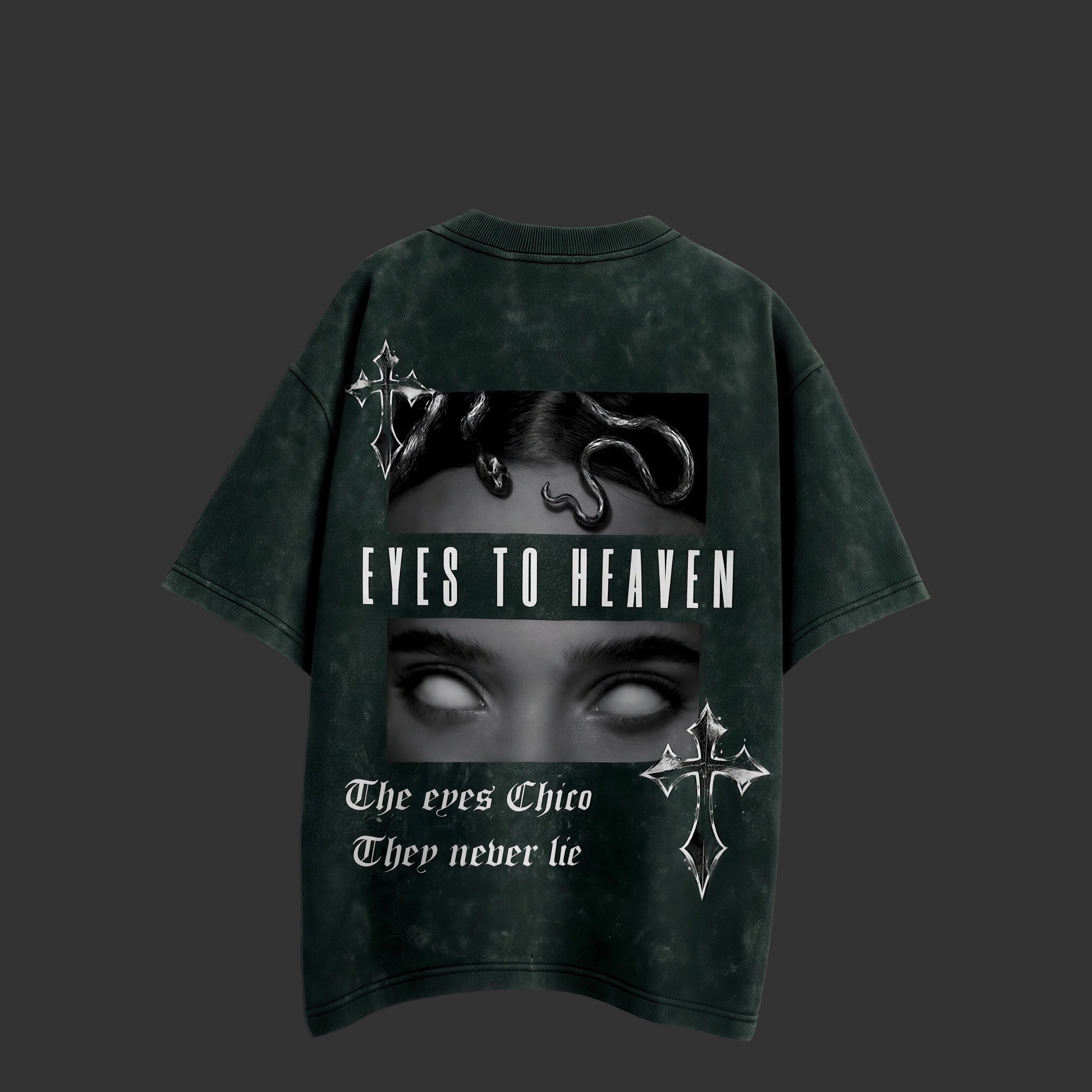 Green t-shirt with graphic design and text on a dark background