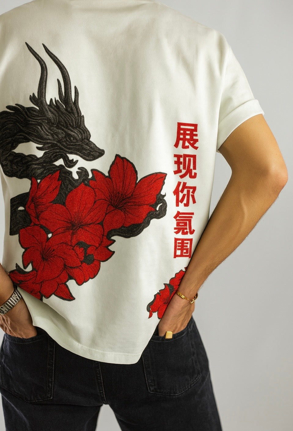 Crimson Dragon Blooms Oversized Tee | Gothic Streetwear T-Shirt