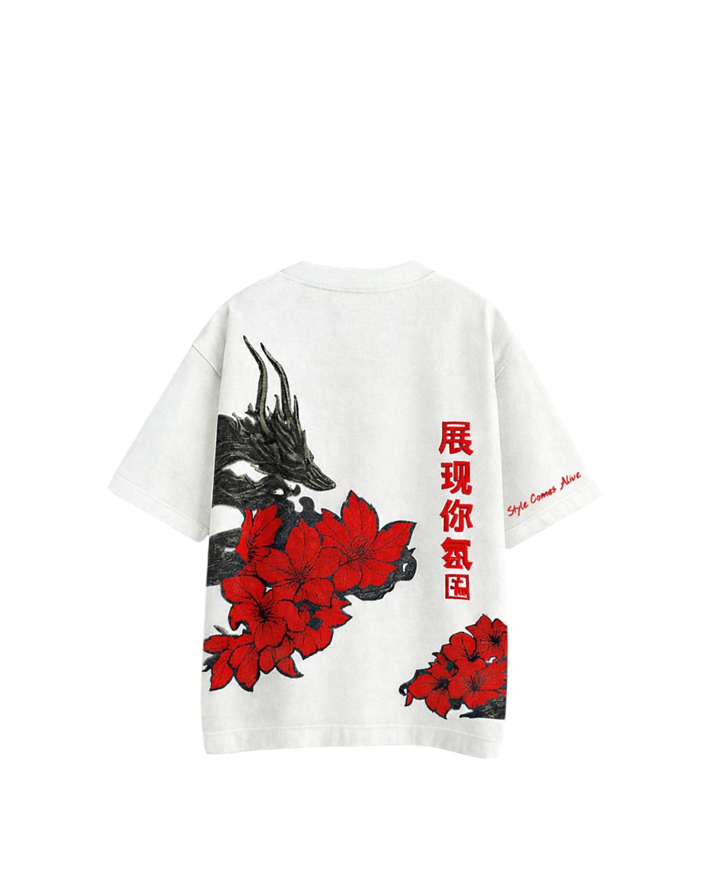 White t-shirt with red floral and black dragon design on a white background