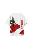 White t-shirt with red floral and black dragon design on a white background