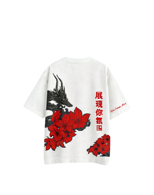 White t-shirt with red floral and black dragon design on a white background