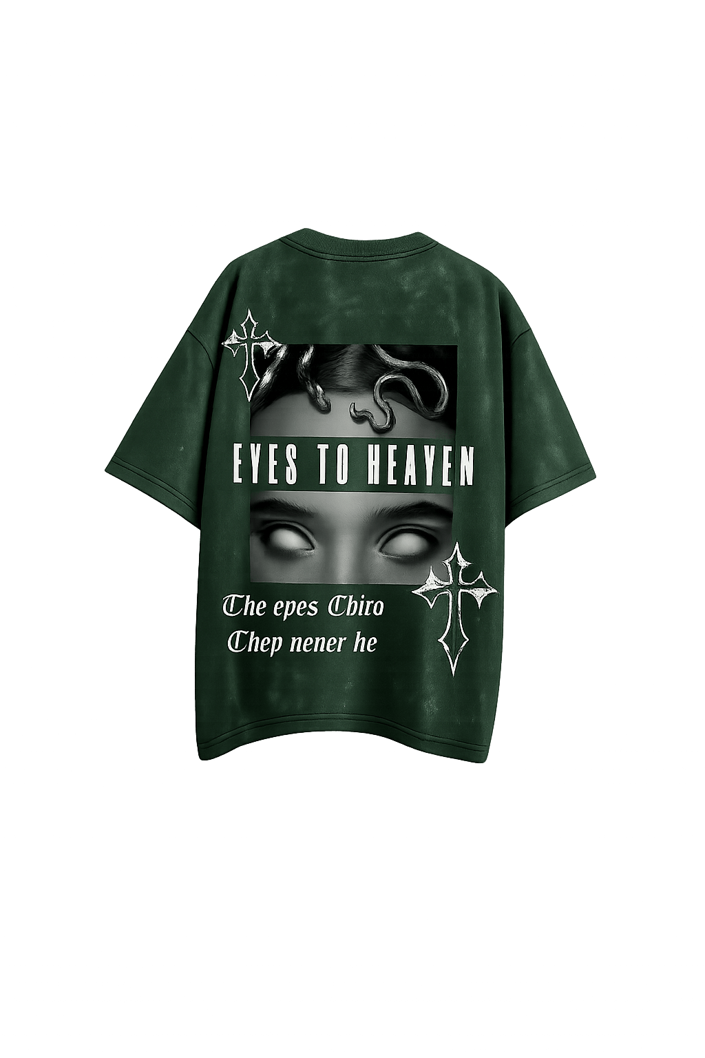 Oversized gothic streetwear t-shirt with 'Eyes to Heaven' slogan, Medusa art, and gothic crossesa