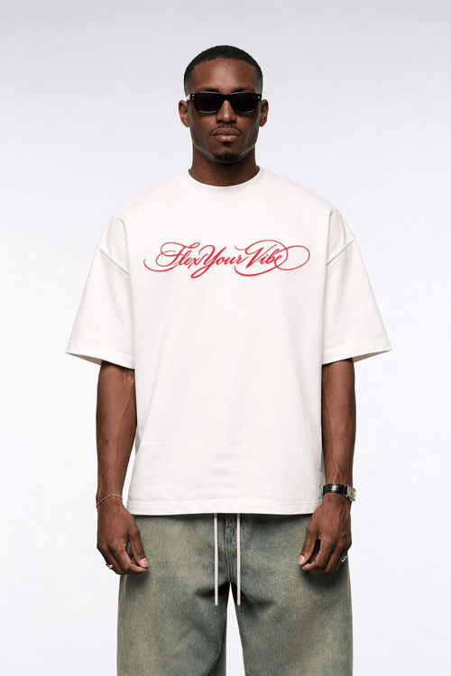Man wearing a white t-shirt with red text and sunglasses on a white background