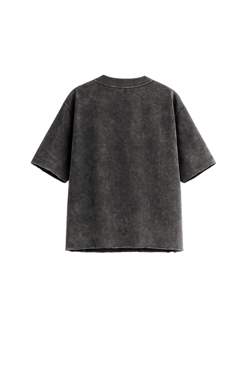 Back view of a dark gray t-shirt on a white background