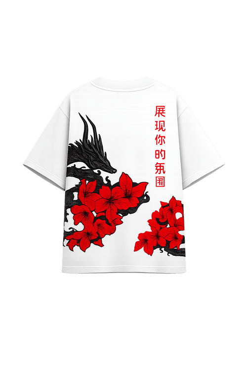 White t-shirt with red floral design and black dragon, on a white background