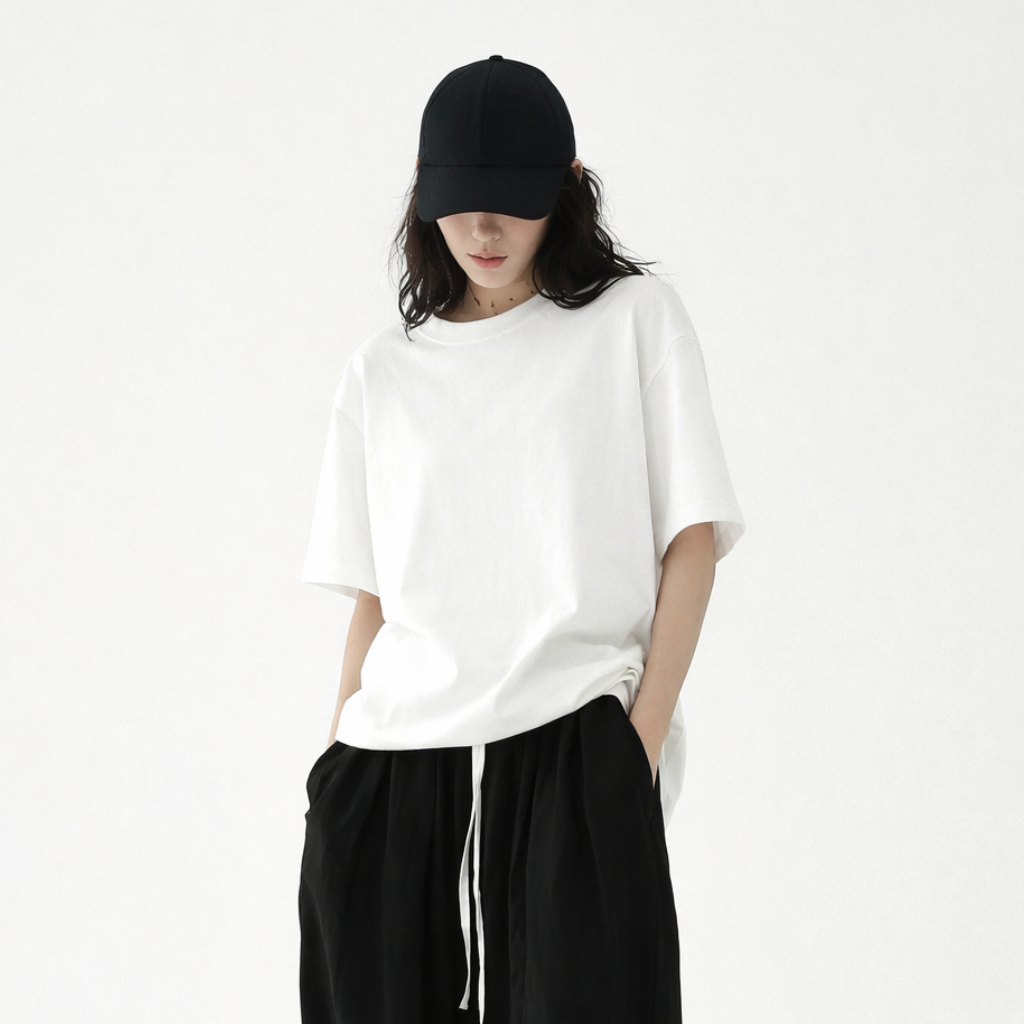 Person wearing a white t-shirt and black wide-leg pants on a white background