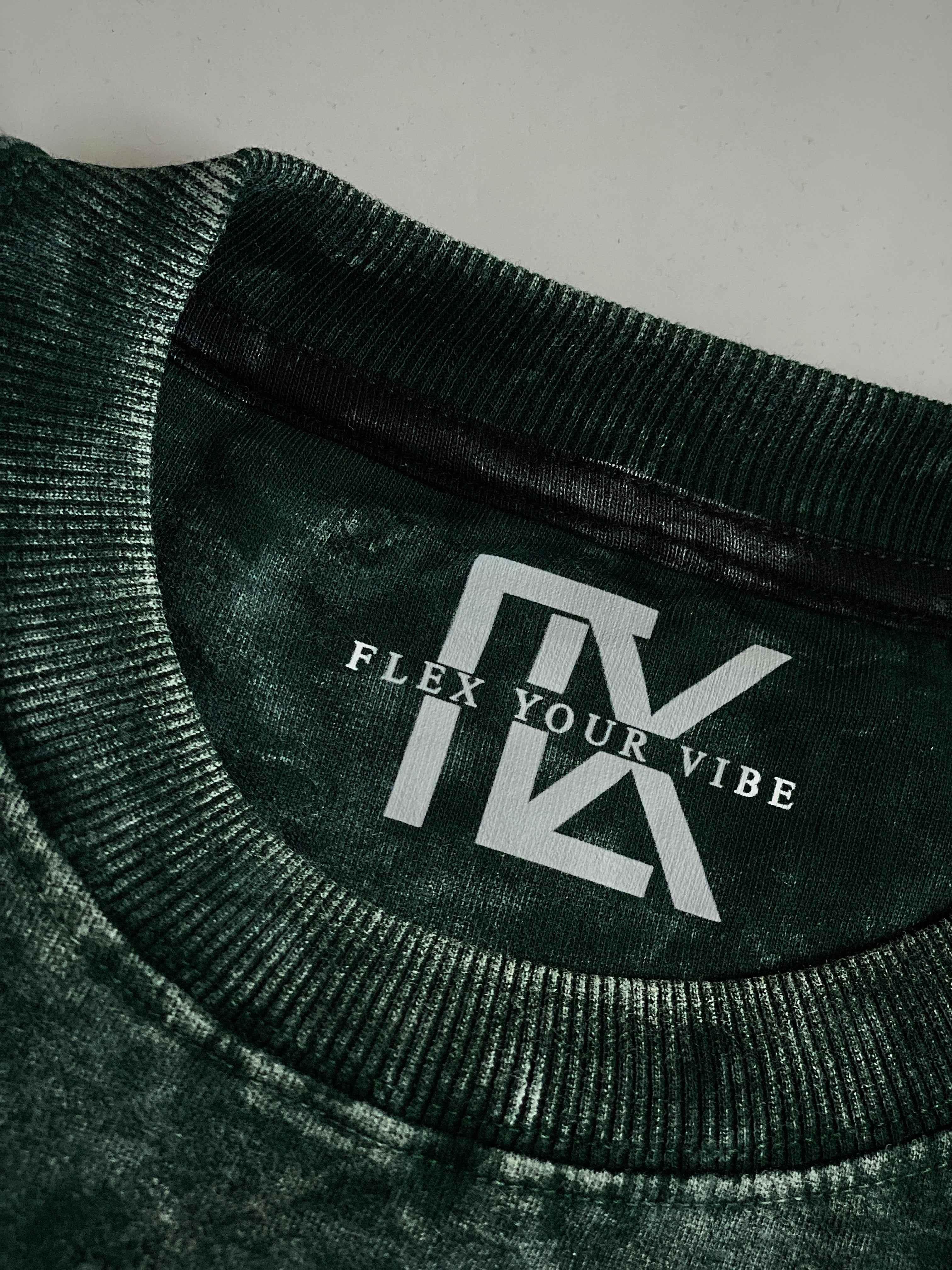 Flex Your Vibe oversized acid wash green streetwear tee with gothic collar label